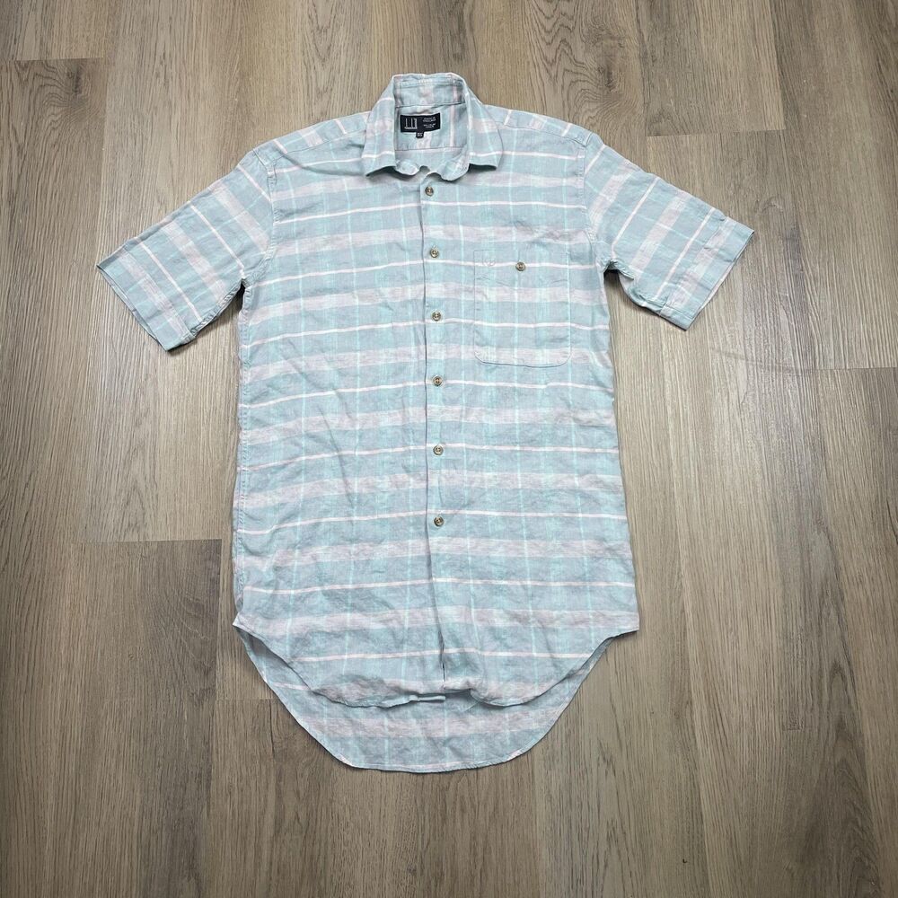 Dunhill Shirt Mens Small Green Pink Blue Plaid Linen Short Sleeve Made England